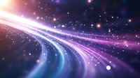 Glowing curved light trails with sparkles and bokeh effects in purple and blue colors against dark background create magical cosmic atmosphere.