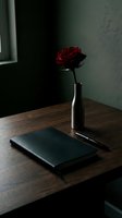 Dark moody desk scene with red rose in silver vase, black leather notebook and pen on wooden table, dramatic shadow atmosphere.