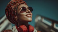Young African woman in colorful headwrap and sunglasses smiling joyfully with red headphones around neck against blue sky background for lifestyle content.