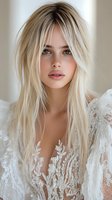 Young woman with freckles and long blonde hair wearing white lace wedding dress, natural makeup and soft lighting creates romantic bridal portrait.