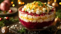 Festive layered herring salad with beetroot, potatoes, carrots, eggs and mayonnaise in glass bowl against holiday lights background, traditional Christmas dish.