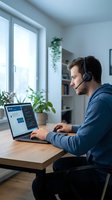 Young male professional wearing headset working on laptop at wooden desk in bright home office with plants and window light, engaged in remote work or online communication.