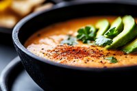 Creamy orange soup garnished with fresh avocado slices, cilantro and red spices served in black bowl, extreme close up with selective focus on garnish.