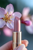Pink pearl lipstick against blurred cherry blossom background creates romantic spring beauty composition with soft bokeh effect and metallic packaging.