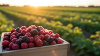 Fresh mixed berries in wooden crate at sunset farm field. Organic raspberry blackberry harvest agriculture concept for healthy eating and natural food.