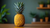 Fresh ripe pineapple on wooden table against dark green wall with potted plants on shelves in background, moody lighting creates dramatic atmosphere.