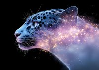 Mystical snow leopard profile with cosmic galaxy effect dissolving into starry night sky, combining wildlife and space elements in surreal artistic style.