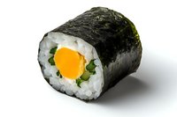 Fresh sushi roll with mango, cucumber and rice wrapped in nori seaweed, isolated on white background for menu design and food advertising.