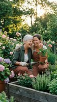 Senior woman with gray hair and adult daughter with brown hair, both Caucasian, gardening together among blooming flowers and raised beds during golden hour sunlight, perfect for lifestyle and family content.