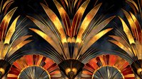 Art deco golden fan pattern with black background featuring symmetrical metallic elements in orange and yellow tones creates luxurious geometric design.