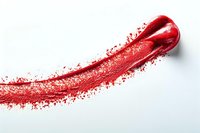Vibrant red lipstick smear with scattered powder particles on white background, showcasing makeup texture for beauty and cosmetic industry use.