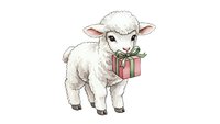 Cute white lamb holding green gift box with red ribbon on transparent background for holiday designs and greeting cards.