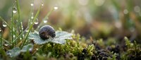 Snail crawling on moss with morning dew drops in natural forest environment. Macro photography showcasing wildlife and nature details in soft bokeh background.