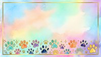 Watercolor paw prints in rainbow colors with gold frame border, isolated on white background for pet-themed designs, greeting cards, and animal-related projects.