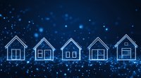 Glowing neon house silhouettes on dark background with blue bokeh lights and particles. Modern real estate concept for residential property market.