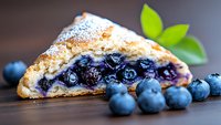 Fresh blueberry strudel slice with powdered sugar dusting on wooden surface, surrounded by ripe berries and green leaves, macro food photography.