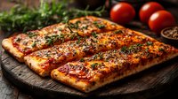 Homemade rectangular pizza slices with melted cheese, pepperoni, and fresh herbs on rustic wooden board, garnished with cherry tomatoes and aromatic seasonings in dark setting.