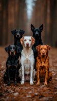 Group of five different dog breeds sitting together in autumn forest with fallen leaves and blurred tree trunks in background for pet photography.