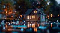 Cozy house with glowing windows reflected in water at dusk, surrounded by floating digital icons and bokeh lights creating magical atmosphere for real estate technology concept.