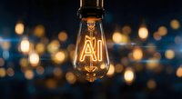 Glowing vintage Edison bulb with AI letters filament against blurred bokeh lights background symbolizing artificial intelligence innovation and technology concepts.