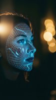 Digital wireframe overlay on woman face showing futuristic biometric scanning technology with glowing blue grid pattern and bokeh lights background.
