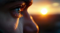 Close-up of tear rolling down person's cheek during golden hour sunset, emotional moment capturing human vulnerability and raw feelings in warm light.