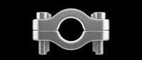 Stainless steel pipe clamp isolated on transparent background, ready for design use in technical illustrations, product mockups, t-shirt designs, and print-on-demand applications.