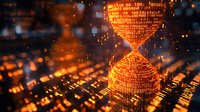 Digital hourglass made of glowing binary code on circuit board background with orange light effects and particles, representing time and technology concept.