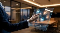 Businessman using transparent tablet with digital interface icons in modern office environment for technology and business applications.