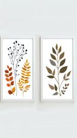 Minimalist botanical wall art set featuring autumn leaves and branches in earth tones. White framed prints with simple organic shapes create modern nature decor.