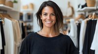 Smiling Hispanic woman with long dark hair wearing black sweater in clothing store, retail business owner standing confidently among clothing racks.