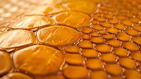 Extreme close up of honeycomb cells filled with golden honey showing natural hexagonal pattern and liquid texture in warm amber tones. Macro photography.