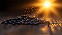 Fresh roasted coffee beans in warm sunlight with golden bokeh effect and scattered particles creating atmospheric morning mood for cafe and coffee shop designs.