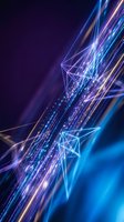 Abstract digital network with glowing geometric shapes and light streaks on dark purple background for technology and data visualization projects.