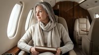Elegant mature Caucasian businesswoman reading book in luxury private jet cabin, looking thoughtfully out window during flight for business travel content.