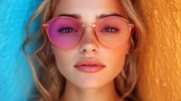 Young woman wearing trendy pink gradient sunglasses against vibrant blue and orange background, with natural freckles and glossy lips, showcasing modern fashion style.