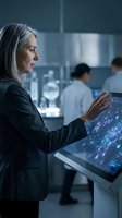 Senior woman executive with gray hair wearing black blazer interacting with digital touchscreen displaying data analytics in modern office environment with colleagues in background.