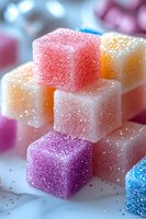 Colorful sugar-coated jelly candy cubes stacked on marble surface. Pink, purple, blue and orange gummy sweets with crystalline sugar coating in macro shot.