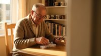 Senior Caucasian man with glasses reading book at wooden table in cozy home library with warm natural lighting and bookshelves in background.
