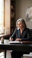 Mature Caucasian businesswoman with gray hair writing in notebook at wooden desk in modern office with natural window light for professional content.