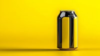 Black aluminum can on vibrant yellow background with dramatic shadow and minimalist composition for beverage or packaging mockup design.