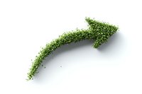 Green leafy arrow shape pointing upward and curving to right on white isolated background, ecological growth concept symbol for sustainable development.