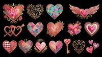 Colorful decorative heart clipart set with gold details, wings, flowers, and key, isolated on transparent background. Great for Valentine's Day stickers, t-shirt design, and print on demand.
