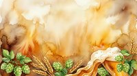 Watercolor beer festival background with hops, wheat ears and foamy mug, warm golden tones, copy space for text or design.
