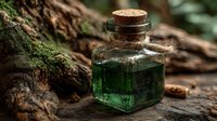 Green herbal potion in vintage glass bottle with cork stopper on rustic wooden surface surrounded by moss-covered bark for natural medicine concepts.