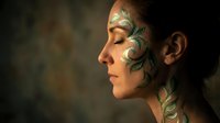 Young woman with intricate green face paint in ornate swirling patterns looking contemplatively to side in warm dramatic lighting for artistic projects.