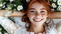 Young redhead woman with freckles and natural smile surrounded by white daisies and lace details, expressing joy and authenticity in romantic spring setting.