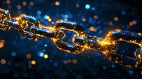 Glowing golden chain links with electric energy effect on dark background with blue bokeh lights, representing blockchain technology and digital connectivity.