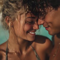 Young couple sharing intimate moment with genuine smiles and close connection during golden hour light creating warm romantic atmosphere for lifestyle content.
