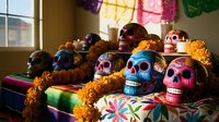 Colorful decorated sugar skulls with marigold flowers on traditional Mexican textiles for Day of the Dead celebration and cultural festivities.